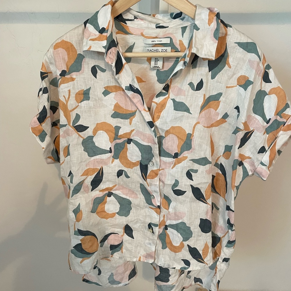 Rachel Zoe high/low linen shirt with geometric florals